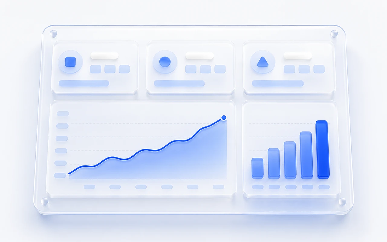 Aylık bir Google Ads raporunu temsil eden sade metrik kartları ve trend grafiği düzeni