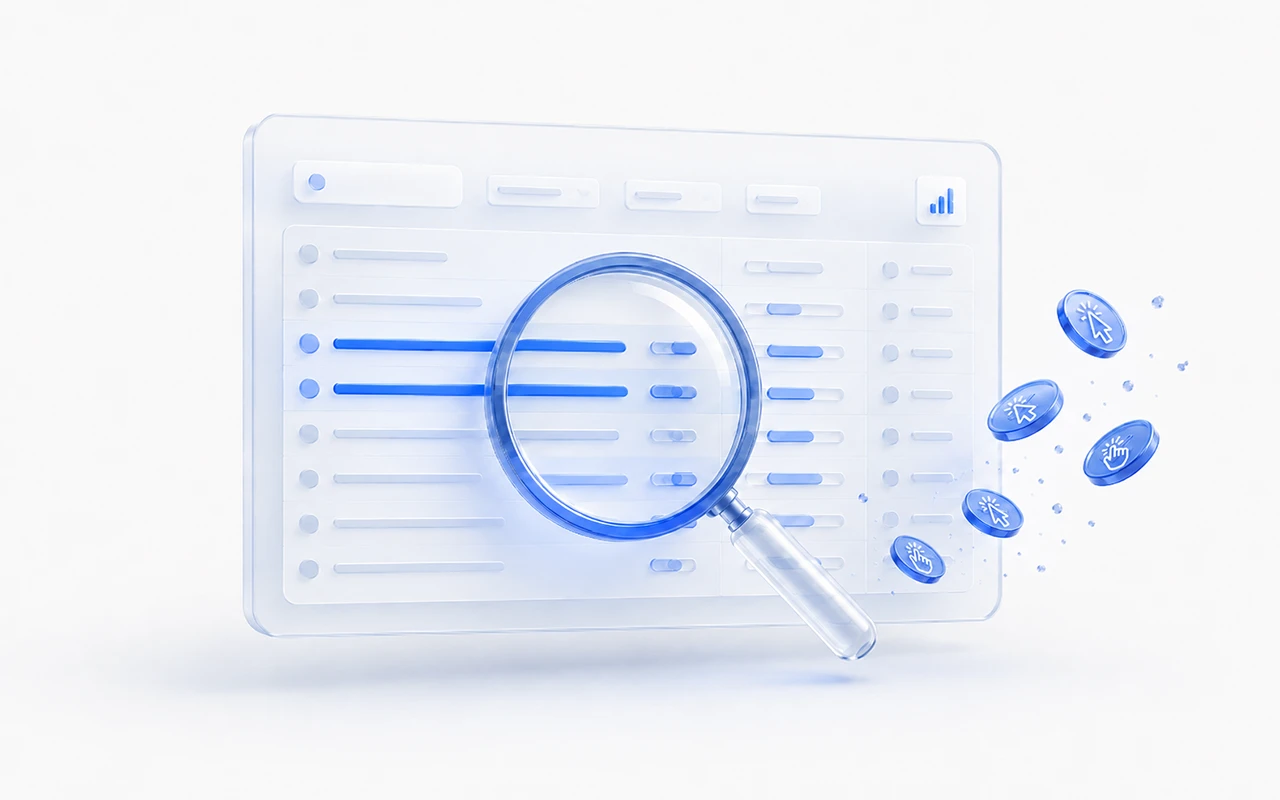 Bir Google Ads arama terimleri raporunun büyüteçle incelendiği sade analitik görsel