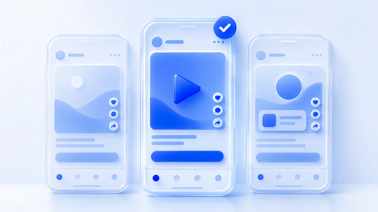 Facebook ve Instagram akış ile Reels yerleşimlerinde aynı kampanyanın farklı kreatif varyantlarının yan yana test edildiği sade telefon mockup düzeni