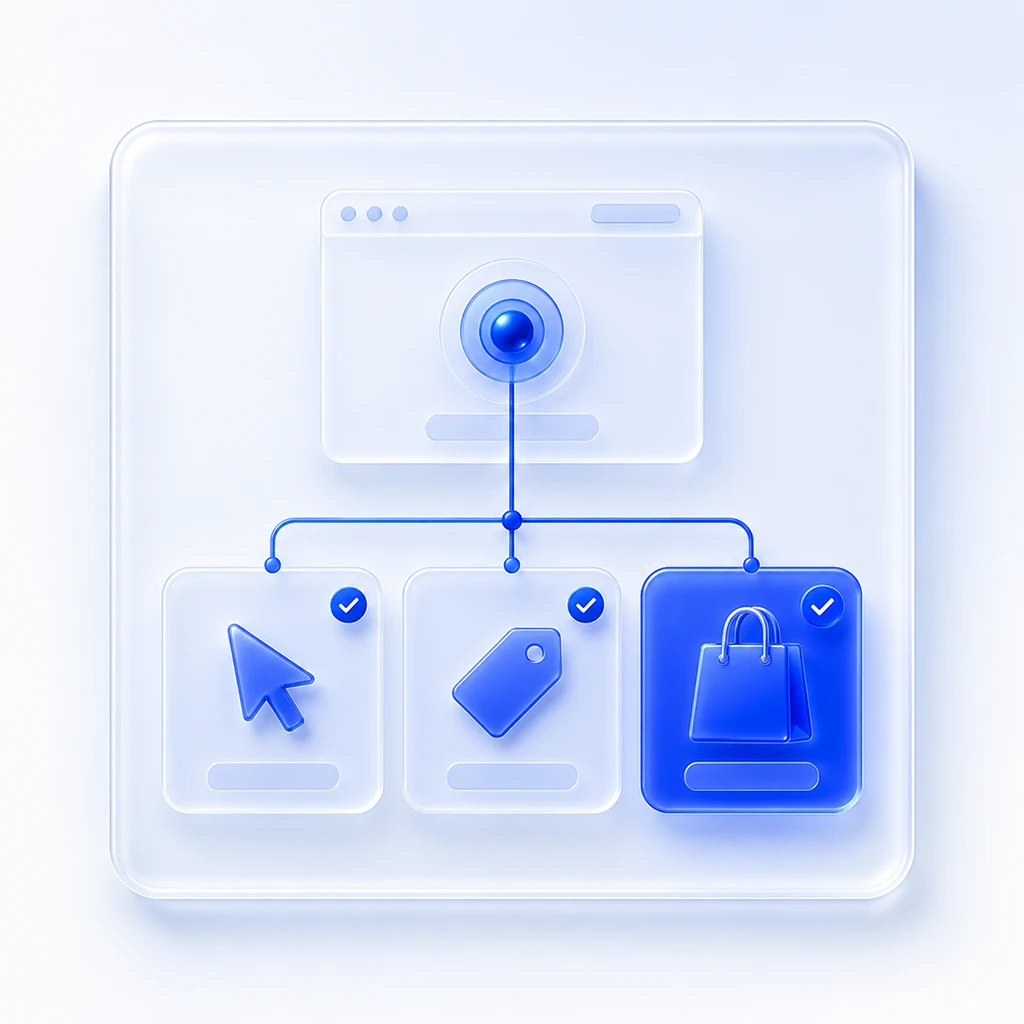 Meta Pixel ile bir web sitesindeki ziyaretten satışa kadar olan dönüşüm adımlarının ölçüldüğünü gösteren sade diyagram