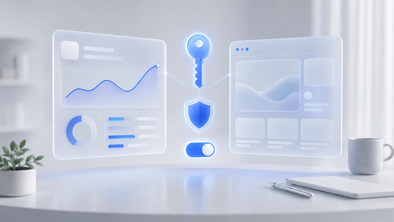 Reklam hesabı ve web sitesi panellerini anahtar ve kalkanla gösteren, kontrolün sahibinde kaldığını anlatan görsel