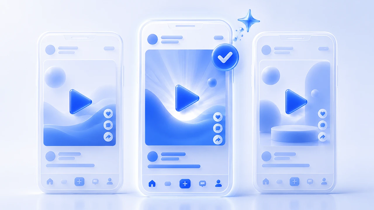 TikTok dikey video akışında markanın farklı video varyantlarının aynı kitlede yan yana test edildiğini gösteren sade telefon düzeni