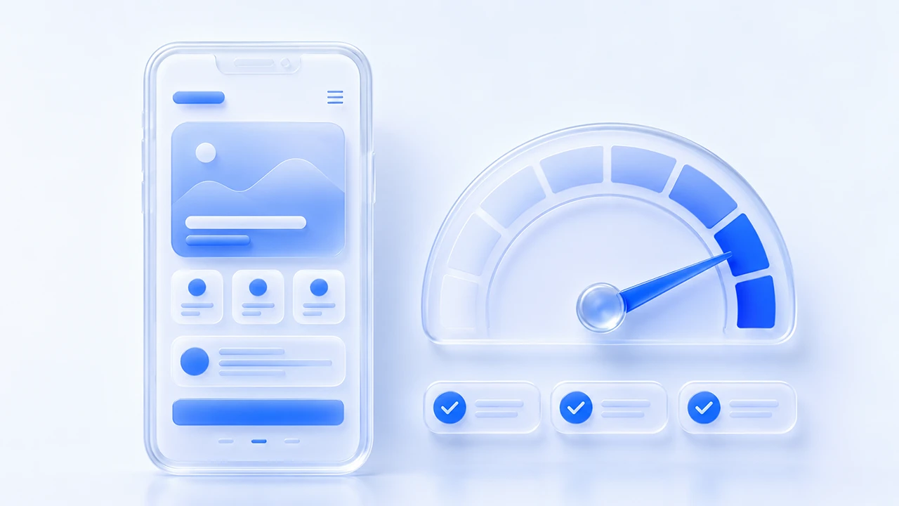 Aynı web sitesinin telefon ekranındaki mobil öncelikli görünümü ile yanında yüksek bir sayfa hızı ve Core Web Vitals gösterge skorunu gösteren sade görsel