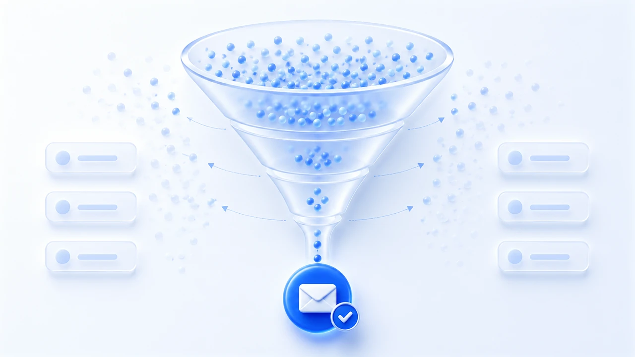Bir web sitesine giren çok sayıda ziyaretçinin büyük bölümünün dönüşmeden ayrıldığını, küçük bir kısmının iletişim adımına ulaştığını gösteren sade dönüşüm hunisi görseli